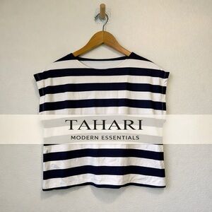 Tahari Modern Essentials Navy & White Striped Short Sleeve Top Size L